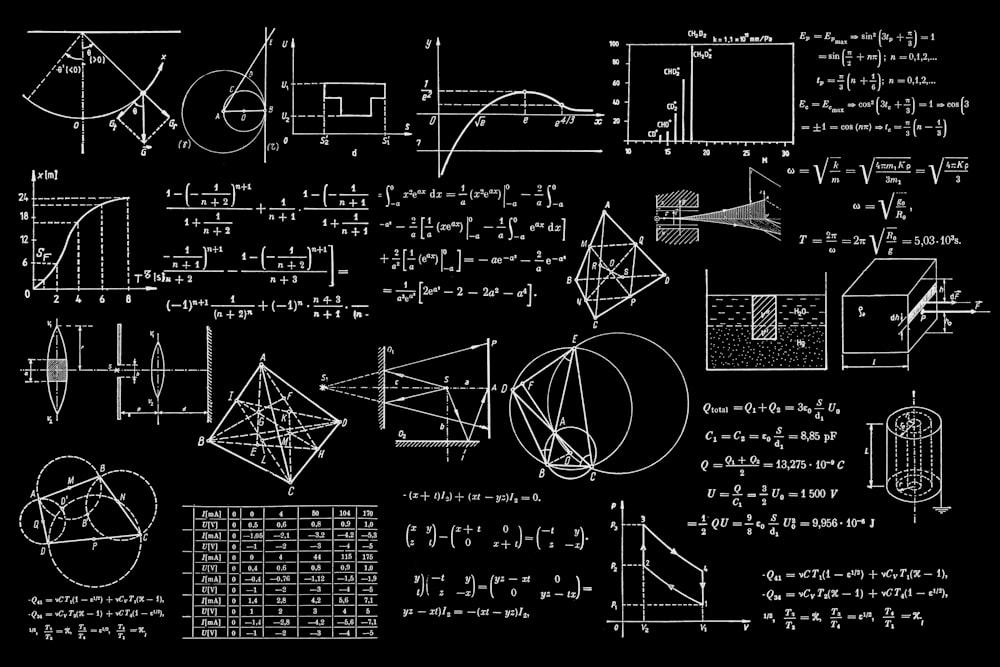Chalkboard covered in advanced mathematics and physics equations